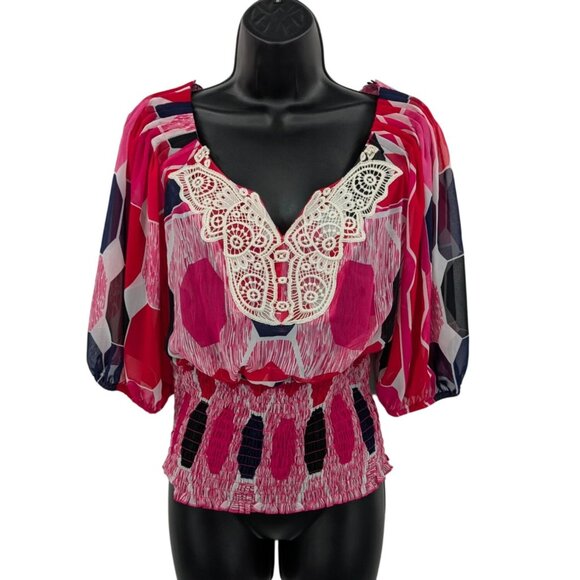 XOXO Y2K Blouse Women Size M Sheer Geometric Smocked Balloon Sleeve Office Boho - Picture 1 of 10